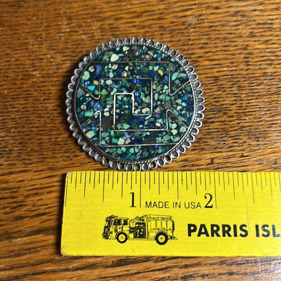 Vintage Sterling Silver Taxco Mexico Turquoise & Lapis Inlay Brooch Pendant - Picture 16 of 17